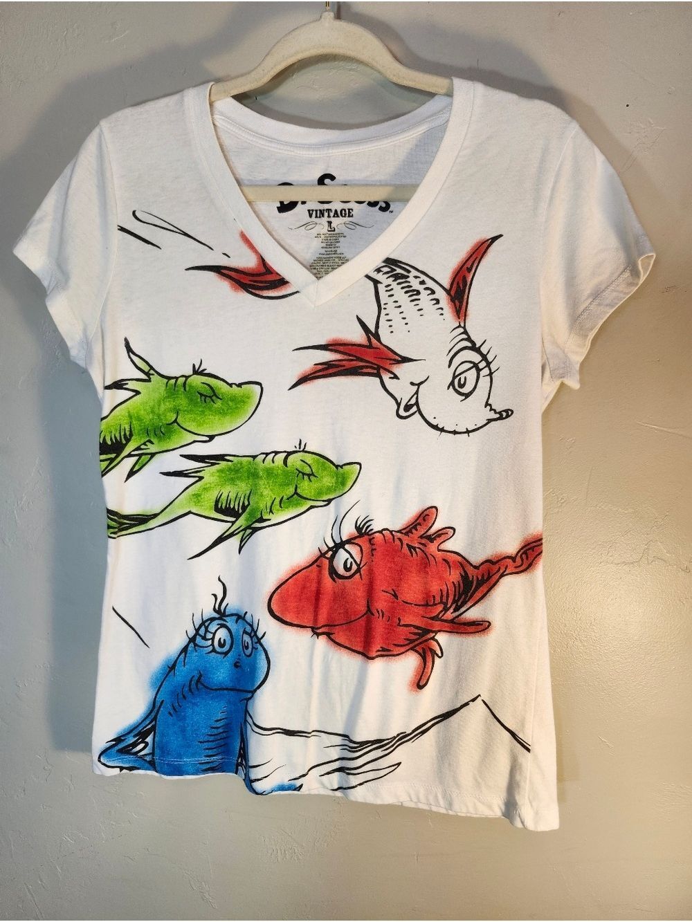 Dr. Seuss Vintage Style White Tee with Red, Green, Blue Fish Illustrations